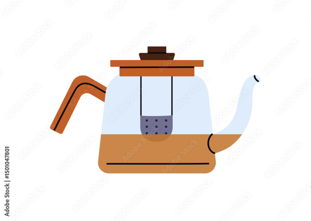 Tea infuser for preparing herbal drinks. Glass pot to brew herbs for hot beverages. Modern teapot with water, brewer for making coffee. Kitchen utensil. Flat isolated vector illustration on white Tea infuser for preparing herbal drinks. Glass pot to brew herbs for hot beverages. Modern teapot with water, brewer for making coffee. Kitchen utensil. Flat isolated vector illustration on white