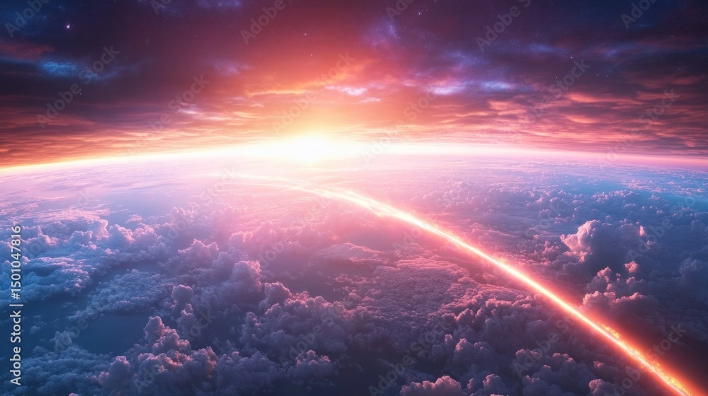 Aerial view of clouds at sunset radiating celestial light over earth atmosphere Aerial view of clouds at sunset radiating celestial light over earth atmosphere