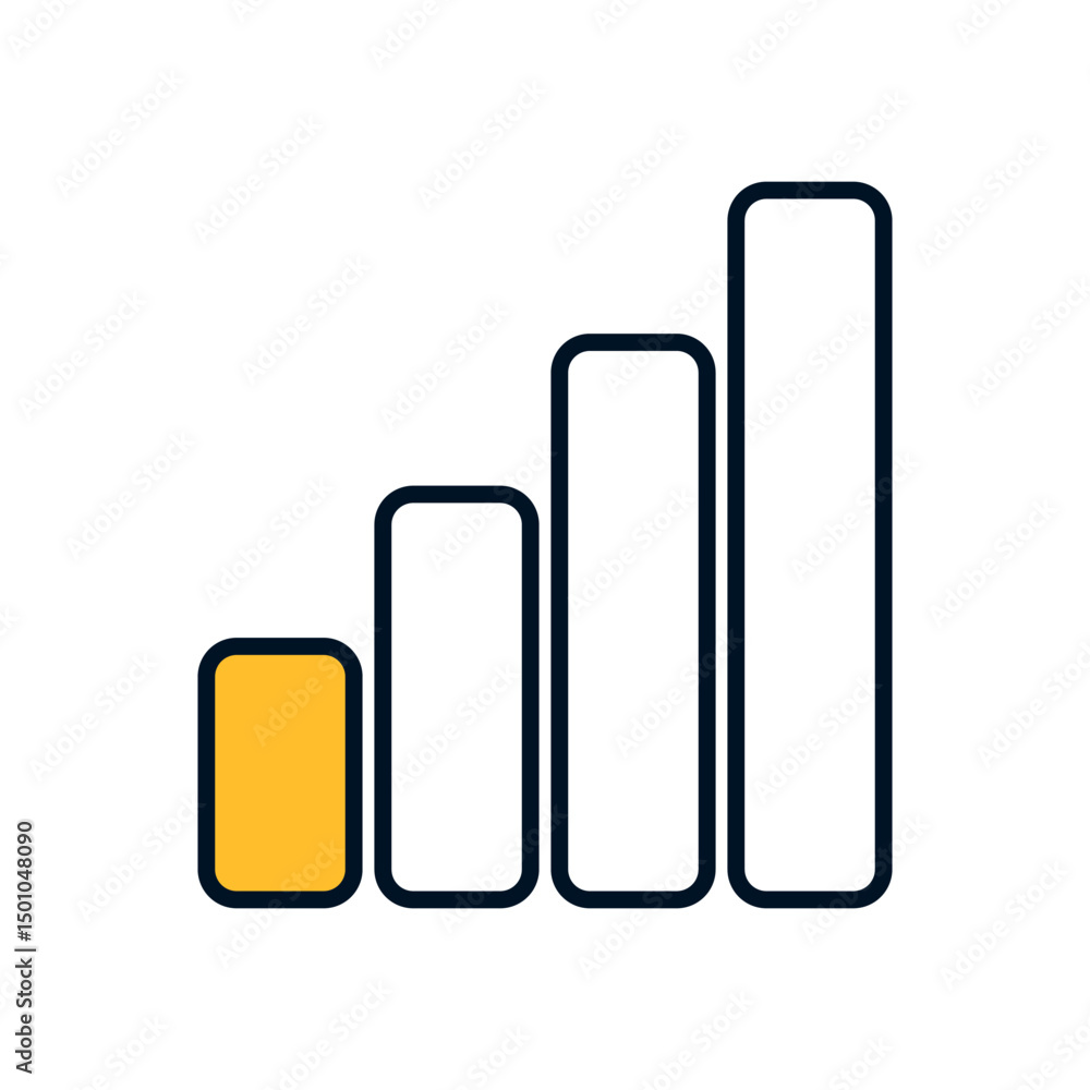 Low connection indicator graphic showing weak signal with only one filled bar in vector style Low connection indicator graphic showing weak signal with only one filled bar in vector style