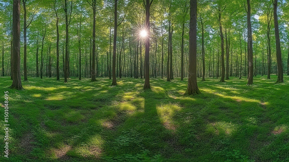 Obraz premium Sunlight filters through a dense forest. Lush green trees, bright sunlight, and shadows on the forest floor create a tranquil scene