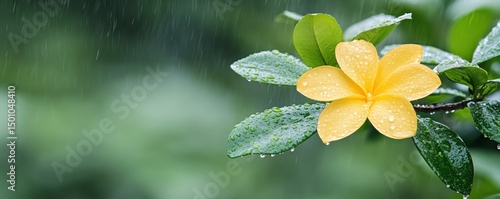 Yellow flower with raindrops on green leaves after rainfall in garden natural serene still life