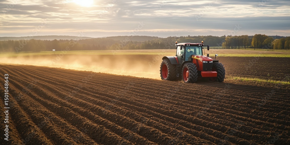 Obraz premium A dynamic image of a state-of-the-art tractor plowing through a vast field.