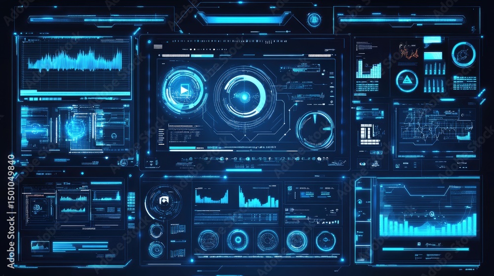 Obraz premium Futuristic digital dashboard with glowing blue interfaces displaying various data visualizations, charts, and graphs