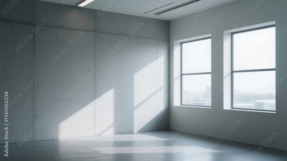 Fototapeta premium Minimalist concrete wall with large windows, sunlight filtering through, embodying clean modern office design.