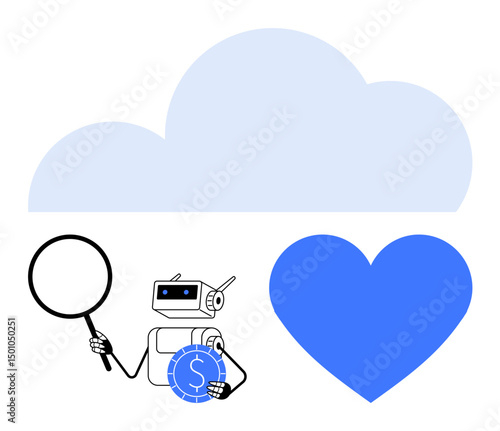 Robot holding magnifying glass and coin under cloud and heart icons, symbolizing technology, finance, and care. Ideal for AI, analysis, finance, innovation cloud computing health community. Flat