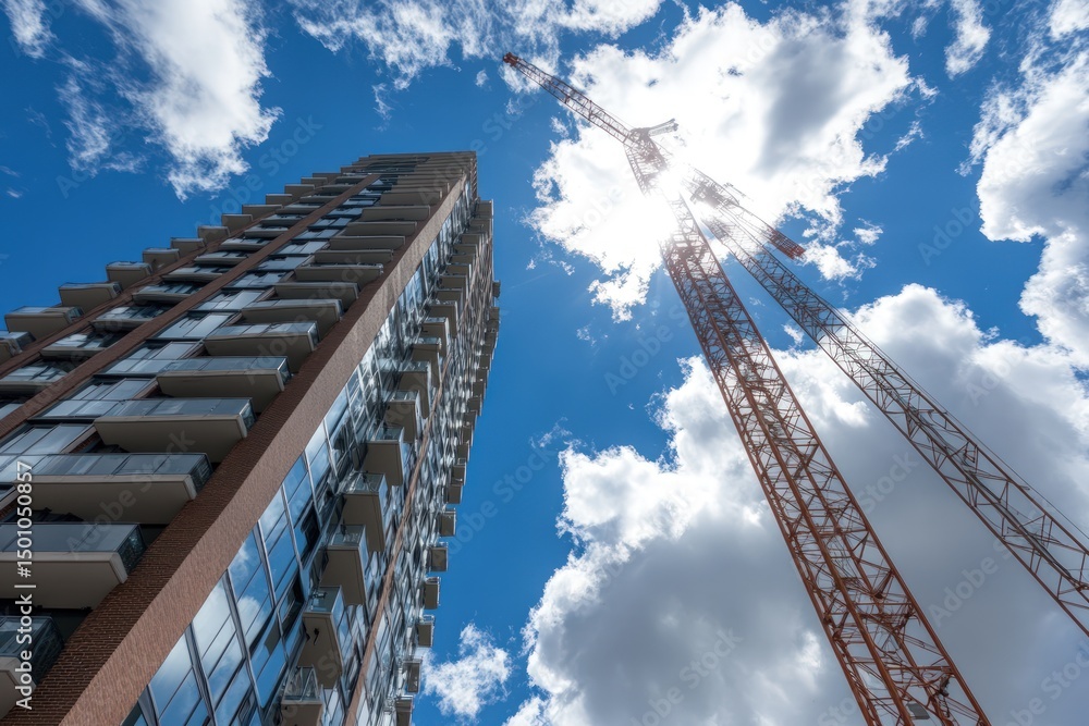 Fototapeta premium Modern high rise building under construction with tower cranes against blue sky and clouds