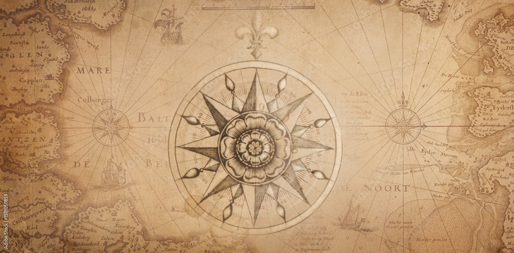 Fototapeta premium Old map collage background. A concept on the topic of sea voyages, discoveries, pirates, sailors, geography, travel and history. Effect of overlay on old texture of paper. 