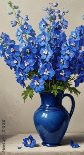 Floral Delphinium Arrangement In Blue Vase Against Shimmering Background Photo