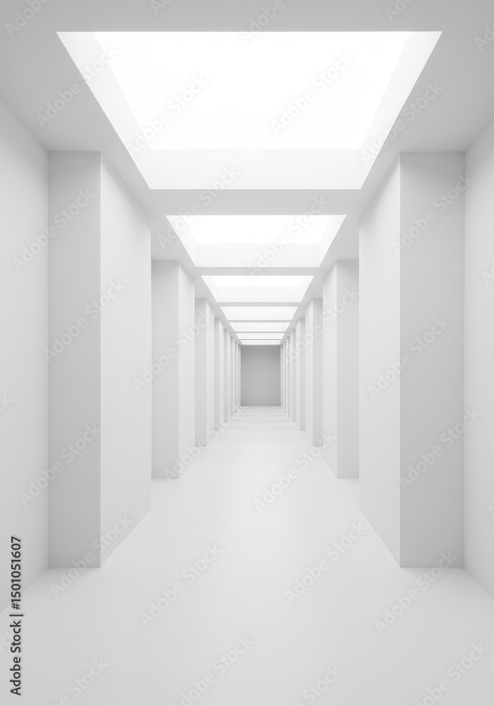 Fototapeta premium Geometric White Hallway Perspective Modern Interior in Bright Lighting Illustration