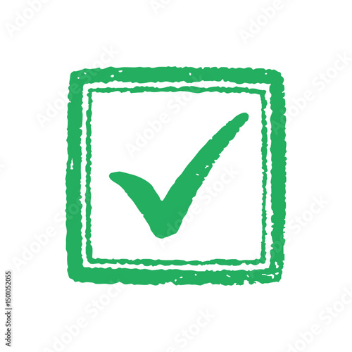 Green checkmark stamp, representing approval, validated, agreed and reviewed.