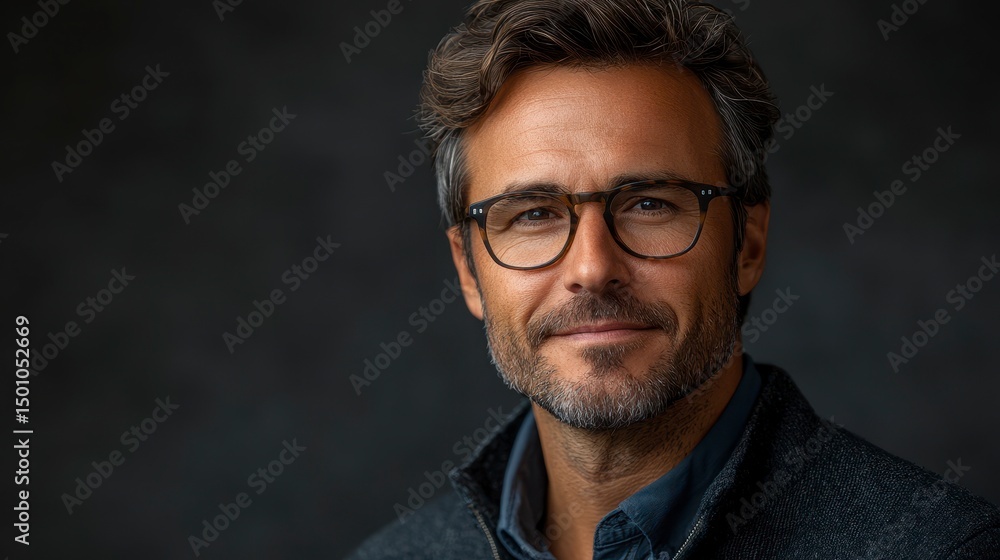 Fototapeta premium Portrait of a man with glasses smiling against a blurry, dark backdrop