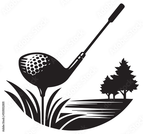 Golf Club Teeing Off Ball Vector Graphic: Golfing Illustration, Sports Clipart, Black and White Golf Course Design Element