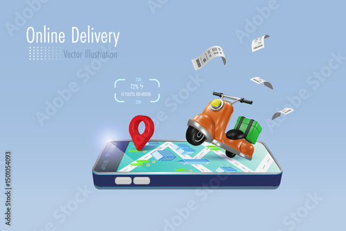 Online food and shipment delivery. Pin point with GPS and scooter on smartphone map. Online shopping, delivery service and shipment distribution. 3D vector.	