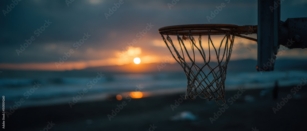 Basketball hoop on beach court with sunset over ocean in distance Basketball hoop on beach court with sunset over ocean in distance