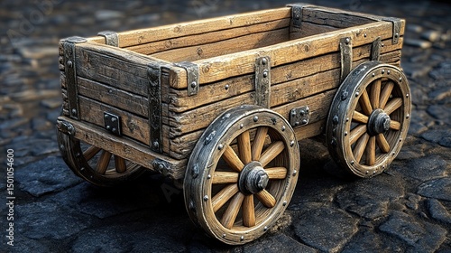 Rustic Wooden Cart with Cobblestone Street.