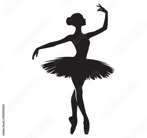 Ballerina Silhouette Vector: Elegant Ballet Dancer in Tutu, Pointe Shoes - Dance Art, Classical Performance, Black & White Illustration