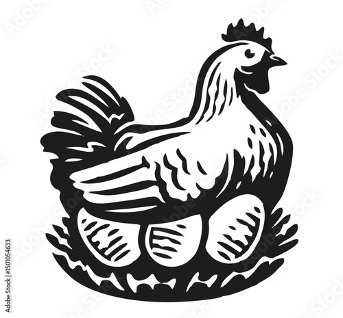 Hen with eggs in a nest poult...