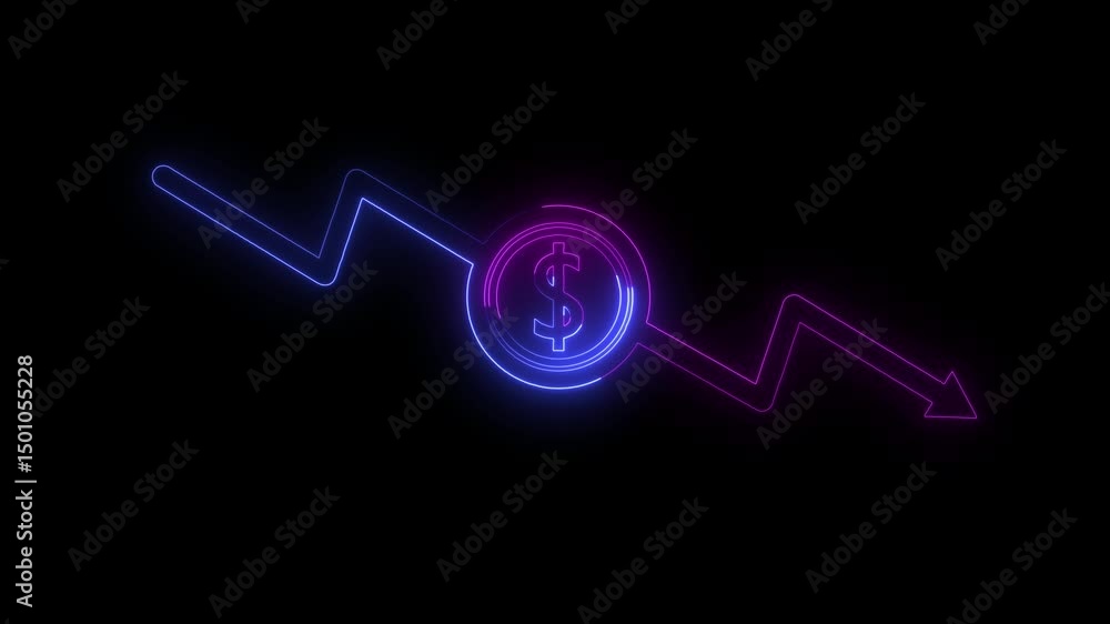 glowing neon dollar sign icon and down arrow .arrow icon Money, profit, investment, business, economy.4k video animation . glowing neon dollar sign icon and down arrow .arrow icon Money, profit, investment, business, economy.4k video animation .
