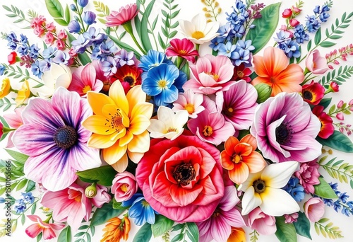 Vibrant watercolor floral bouquets, diverse blooms & lush greenery,  elegant,   bouquet collection