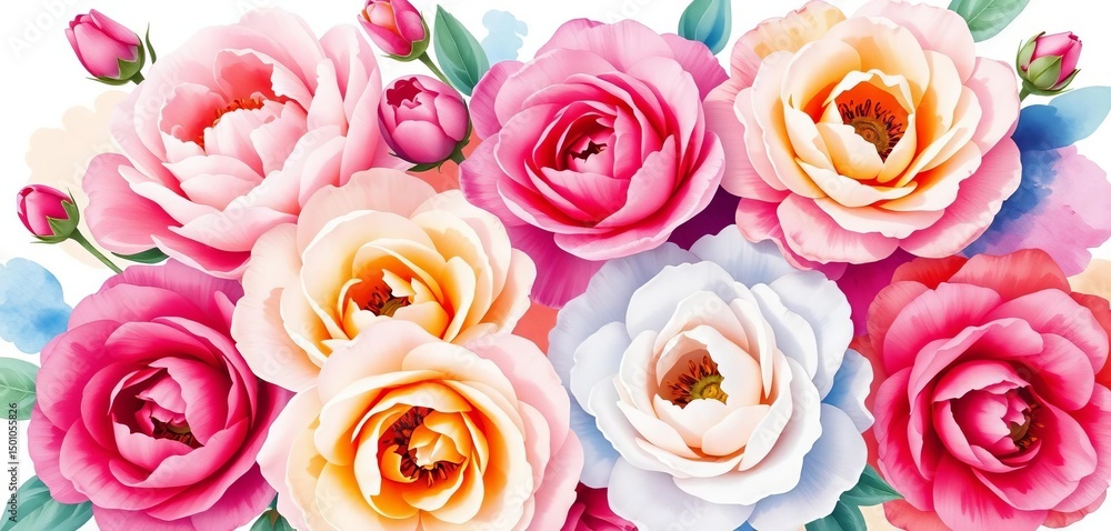 Fototapeta premium Vibrant watercolor roses & peonies, lush blooms, soft color washes, luxury, botanical