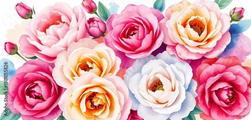 Vibrant watercolor roses & peonies, lush blooms, soft color washes,  luxury,  botanical