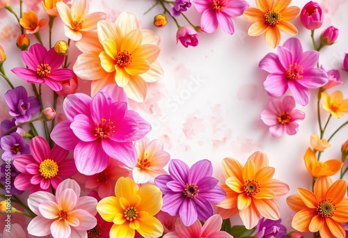 Vibrant watercolor spring blooms in pink, purple, yellow & orange,  springtime,  romantic