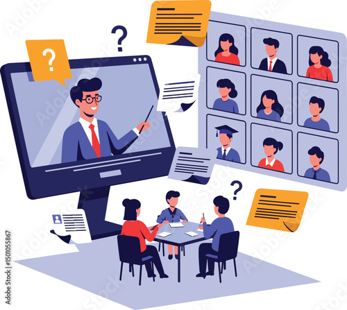 Original vector of a virtual teacher conducting an online class ? large screen with teacher avatar, students in small windows, floating notes and questions.eps