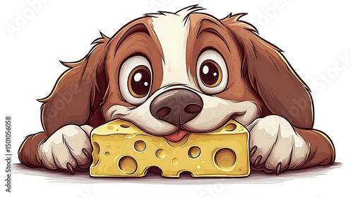cartoon dog biting cheese cute eyes clipart white background