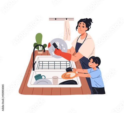 Tired housewife dishwashing, does housework. Exhausted woman and kid wash dishes together. Boy helps overworked mother with household, home duty. Flat isolated vector illustration on white background