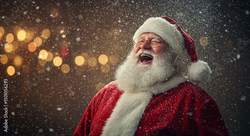 Happy Santa Claus in red suit with white beard enjoying snowfall photo