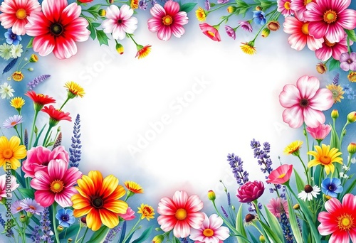 Vibrant watercolor wildflowers in a frame, colorful botanical border,  beauty,  frame
