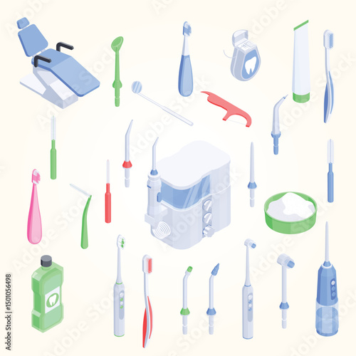 Dental hygiene isometric set of dental floss electric and usual toothbrushes and nozzles for irrigator isolated vector illustration molar health care orthodontic hospital oral care