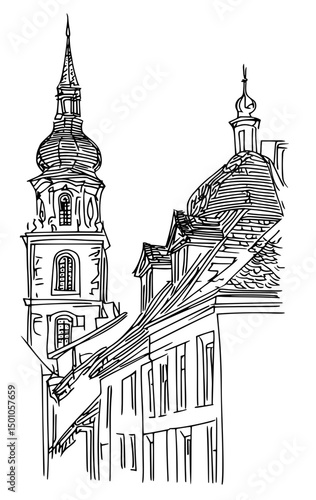 Vector artistic sketchy pen and ink drawing illustration of generic city high rise cityscape landscape with skyscraper buildings.
