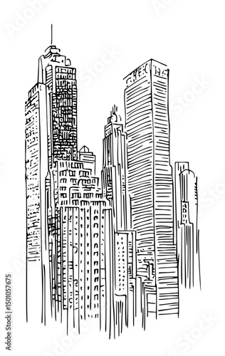 Vector artistic sketchy pen and ink drawing illustration of generic city high rise cityscape landscape with skyscraper buildings.
