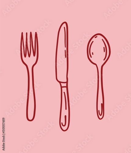 Vector hand drawing in linear style , sketch. Set knife, fork and spoon on pink background
