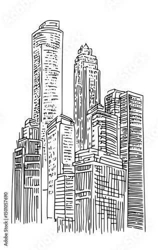 Vector artistic sketchy pen and ink drawing illustration of generic city high rise cityscape landscape with skyscraper buildings.
