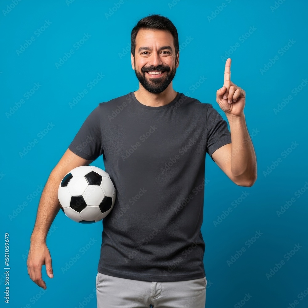 Fototapeta premium Man holding soccer ball pointing up football player with beard and gray shirt sport