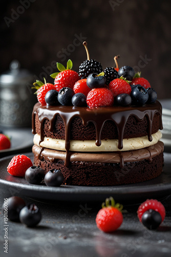 Chocolate cake with creamy vanilla buttercream garnished with mixed berries 