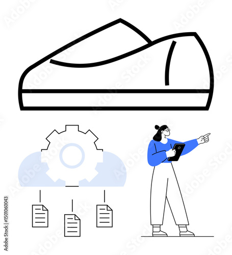 Oversized shoe, cloud-shaped gear linking documents, person with tablet pointing. Ideal for automation, innovation, project management, technology learning, process optimization, data sharing flat