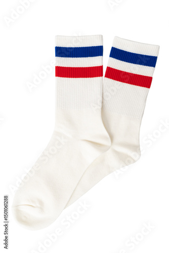 White socks with red and blue stripes on transparent or white background.