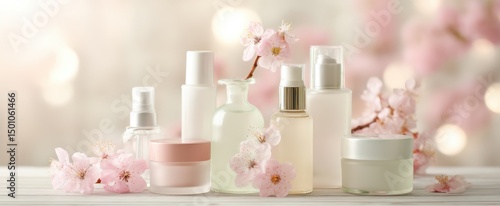 The serene display of skincare products with cherry blossoms in a soft ambiance.