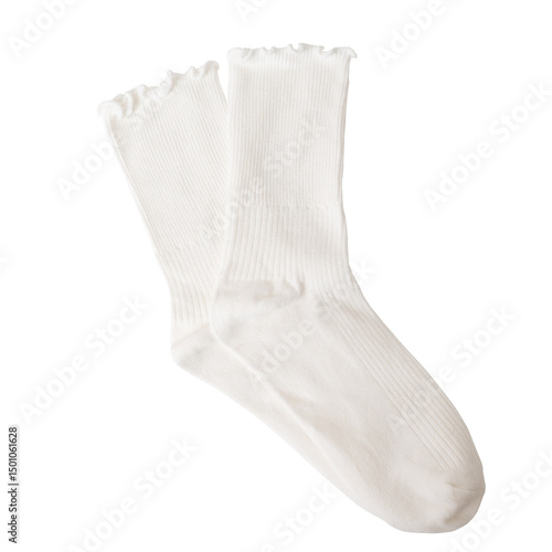 White cotton crew socks with ribbed texture and ruffled edge.