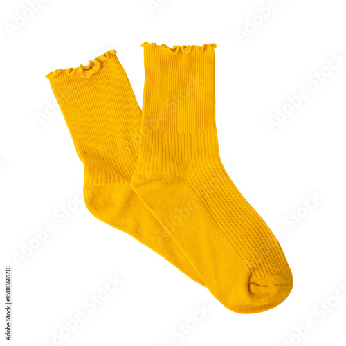 Bright yellow socks with ruffled cuffs on transparent or white background.