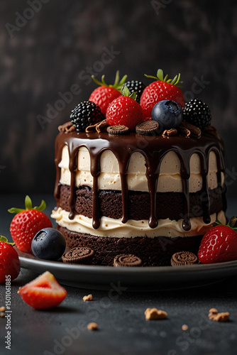 Chocolate cake with creamy vanilla buttercream garnished with mixed berries 