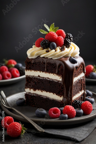 Chocolate cake with creamy vanilla buttercream garnished with mixed berries 