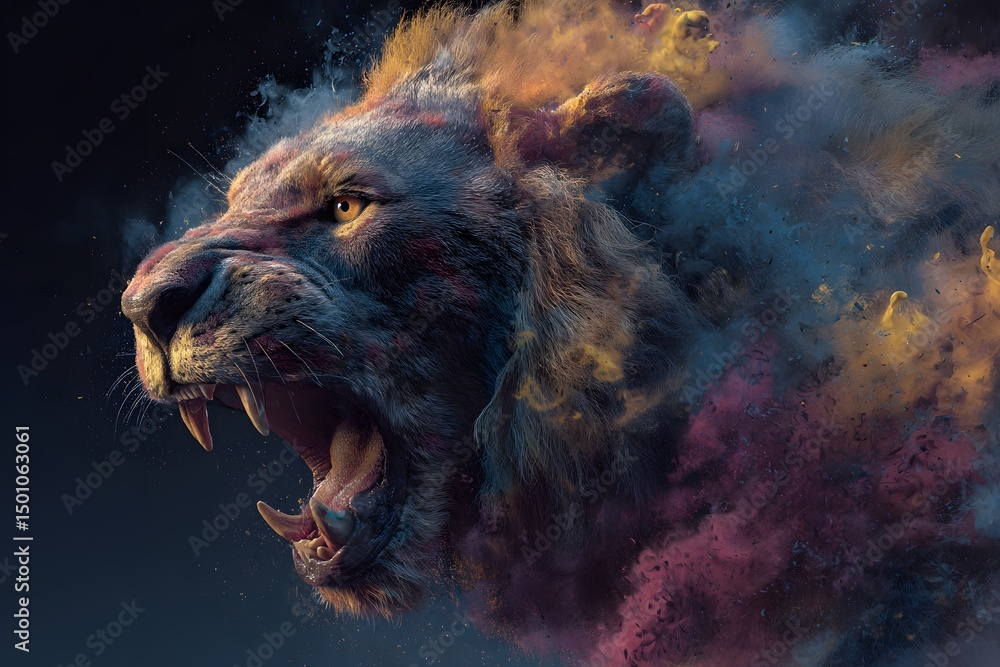 Naklejka premium Roaring Lion with Colorful Smoke