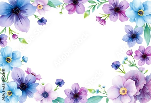 Watercolor floral frame in shades of blue and purple, perfect for invitations or backgrounds,  soft,  art