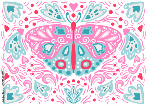 Ornament with butterfly and flowers. Scandinavian design in floral composition. Swedish and Norwegian motives. Vector illustration.