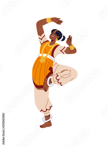 Indian woman in ethnic clothes, jewelries dances. National dancer of India performs bharatanatyam. Performer in traditional sari moves hands and legs. Flat isolated vector illustration on white