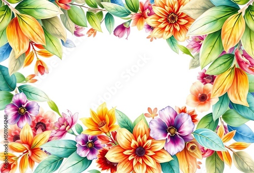 Watercolor leaves border framing vibrant floral bouquet, art, botanical
